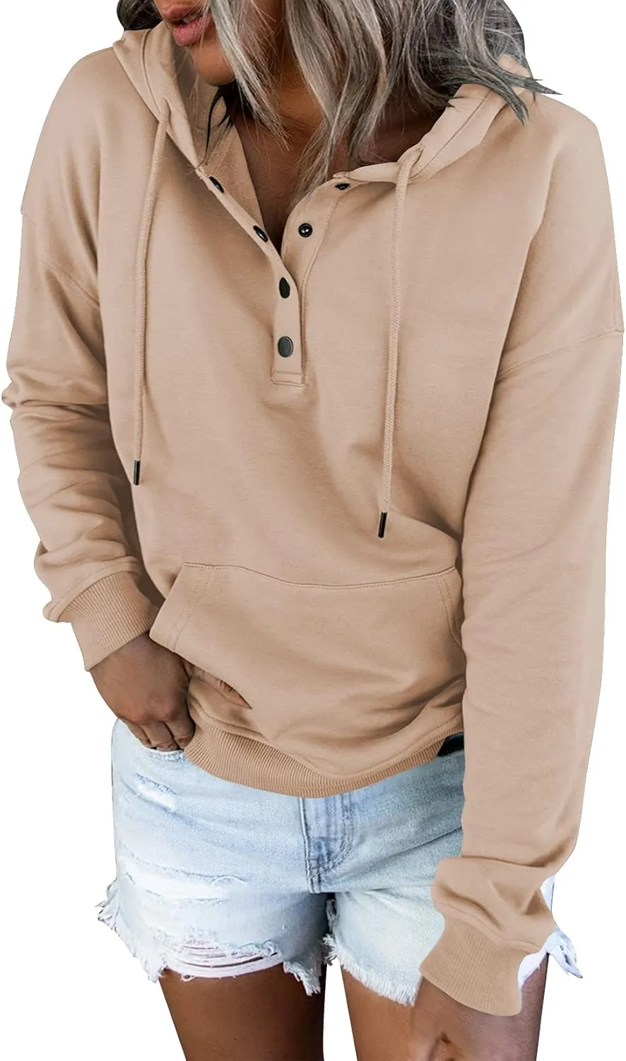 Vivitulip Women's Pullover Hoodies Tops Casual Button Down Long Sleeve Sweatshirts With Pocket