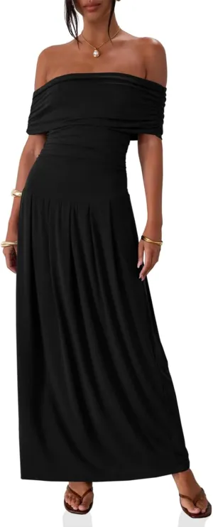 Wenrine Women's Off The Shoulder Maxi Dress Slim Ruched Sleeveless Formal Cocktails Party Long Dress