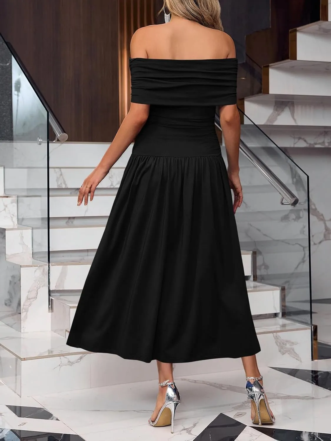 Wenrine Women's Off The Shoulder Maxi Dress Slim Ruched Sleeveless Formal Cocktails Party Long Dress