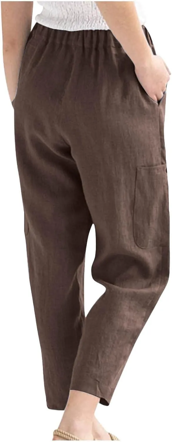 Wide Leg Linen Pant for Women Loose High Waisted Linen Pants Comfy Flowy Long Trousers Summer Vacation Beach Slacks