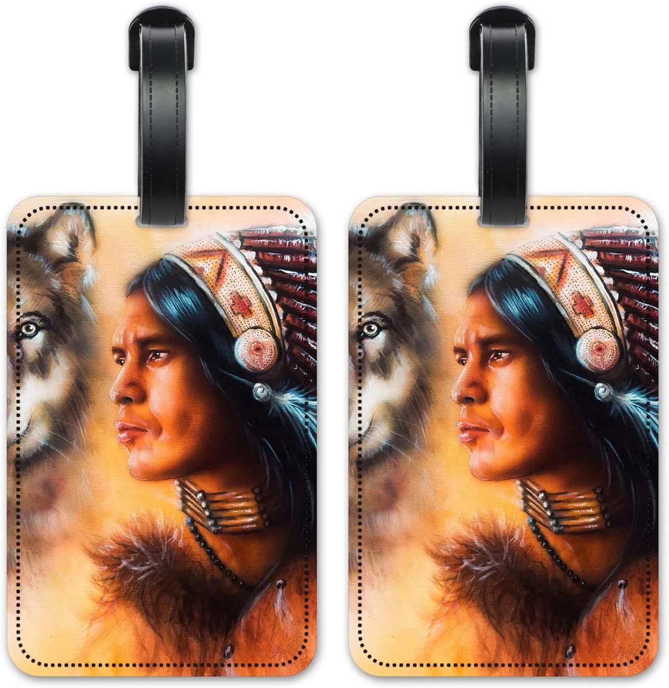 Wolf & Indian Chief - Luggage ID Tags - Suitcase Identification Cards - Set of 2