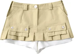 Women A Line Mini Denim Shorts Fashion Summer Casual Solid High Waisted Pleated Ruffle Hem Jean Short Lining Skirt