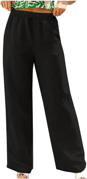 Women Casual Linen Pants Drawstring Elastic High Waist Straight Leg Trousers 2024 Summer Comfy Work Pant with Pocket