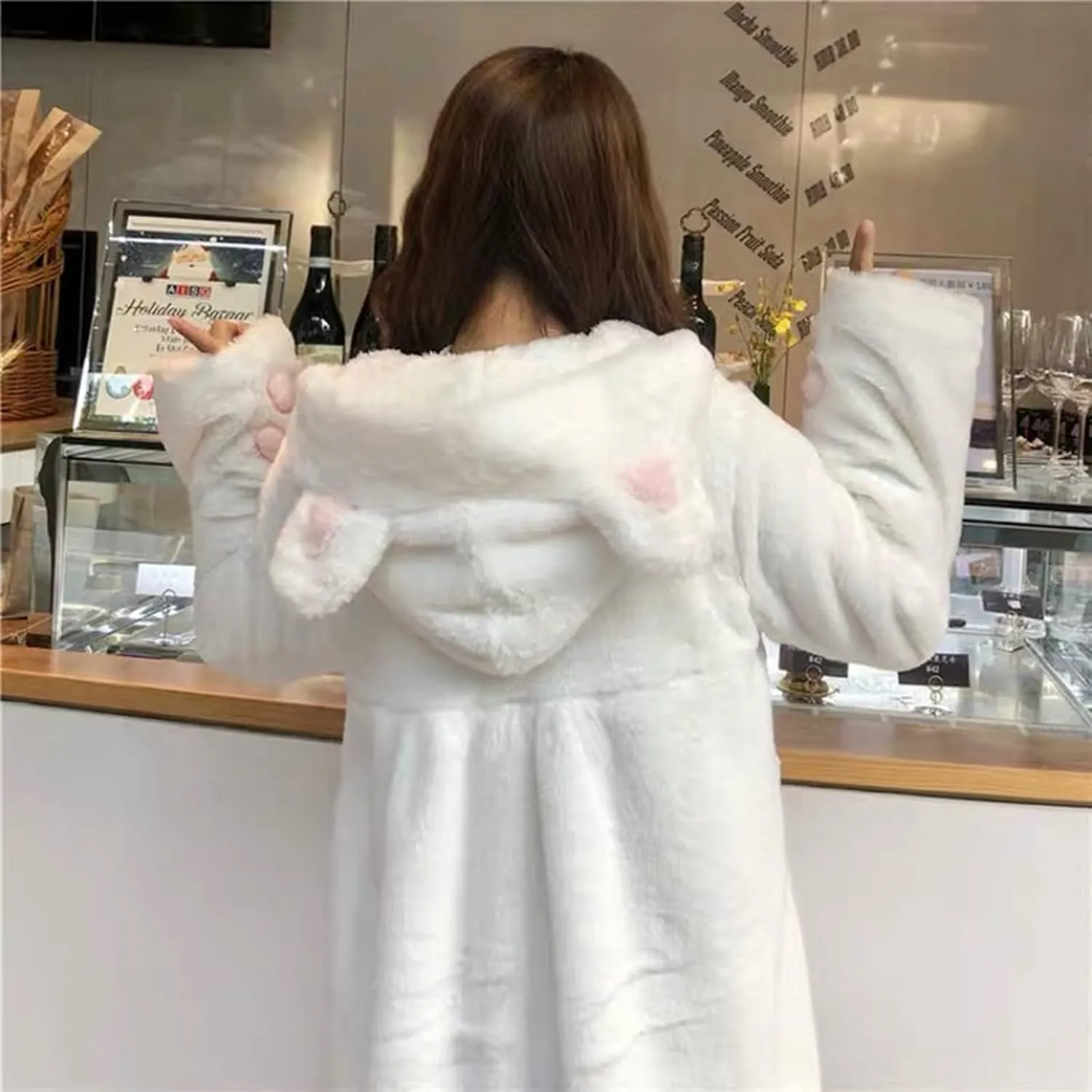 Women Cute Kawaii Cat Ear Claw Grils Fleece Warm Long Sleeve Hoodie Sweatshirt Coat Jacket