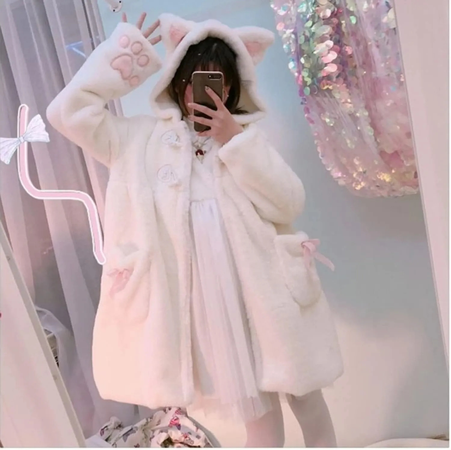 Women Cute Kawaii Cat Ear Claw Grils Fleece Warm Long Sleeve Hoodie Sweatshirt Coat Jacket