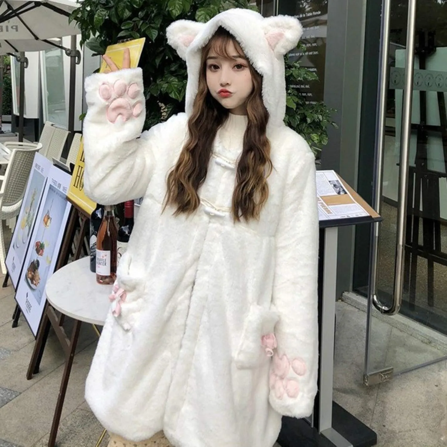 Women Cute Kawaii Cat Ear Claw Grils Fleece Warm Long Sleeve Hoodie Sweatshirt Coat Jacket