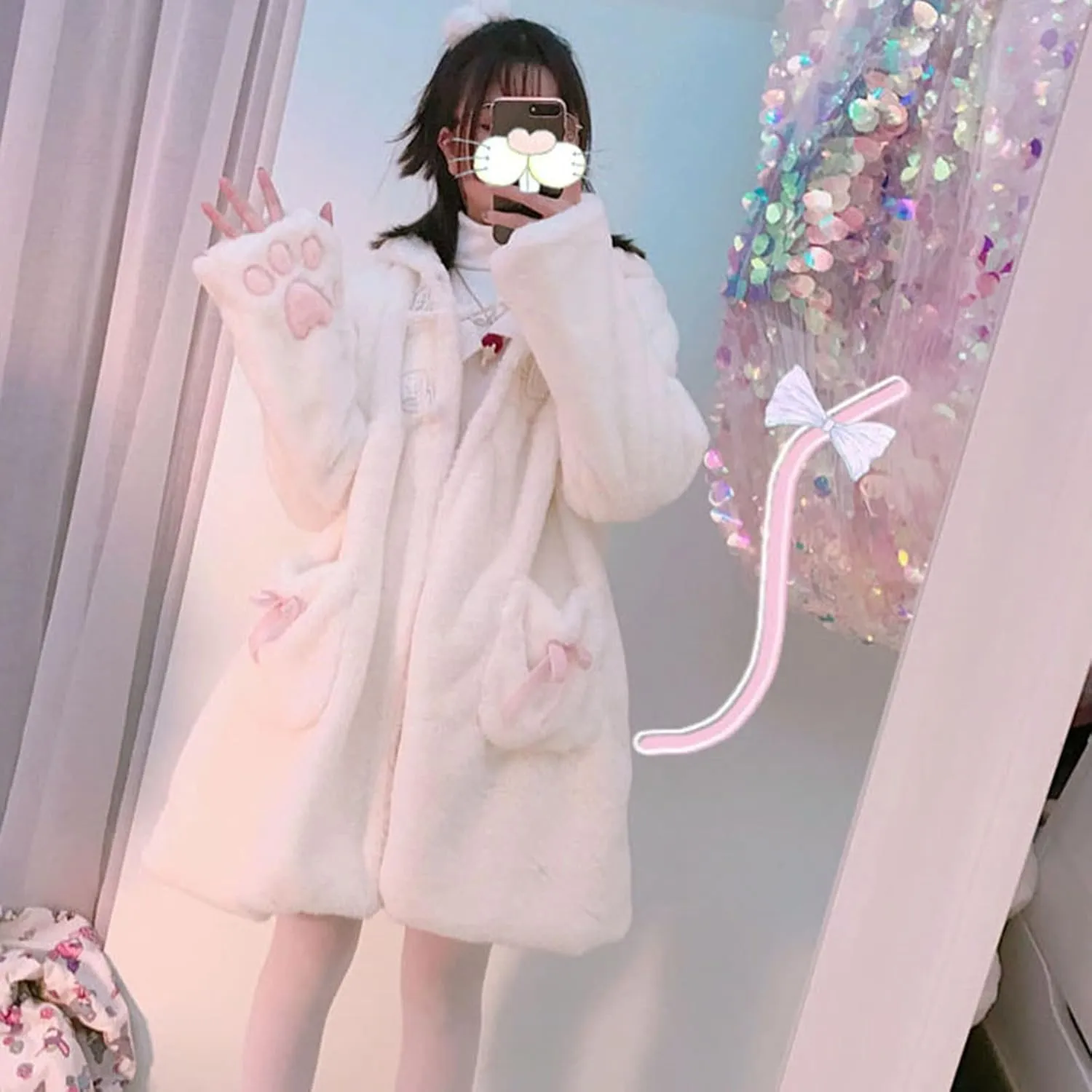 Women Cute Kawaii Cat Ear Claw Grils Fleece Warm Long Sleeve Hoodie Sweatshirt Coat Jacket