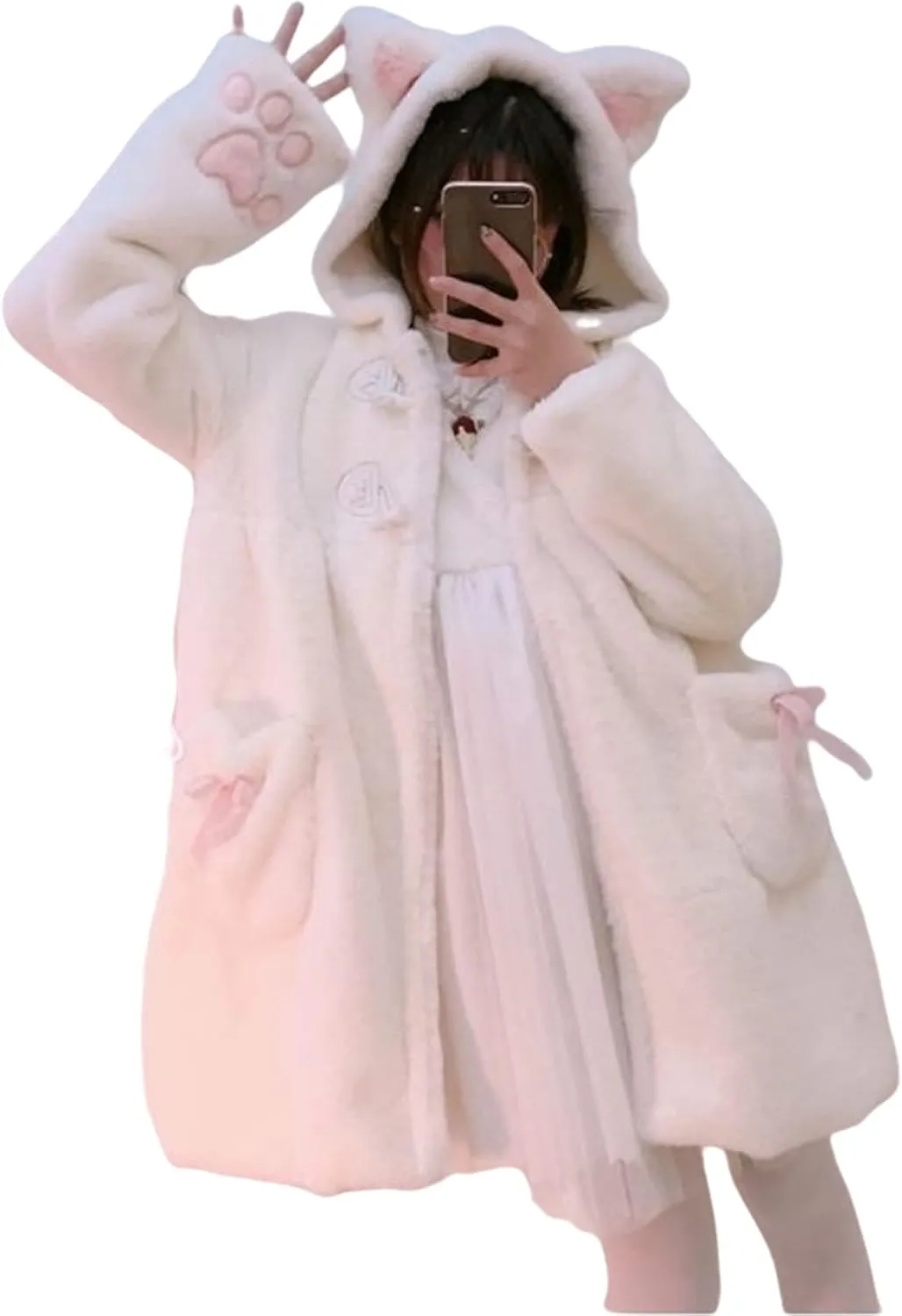 Women Cute Kawaii Cat Ear Claw Grils Fleece Warm Long Sleeve Hoodie Sweatshirt Coat Jacket