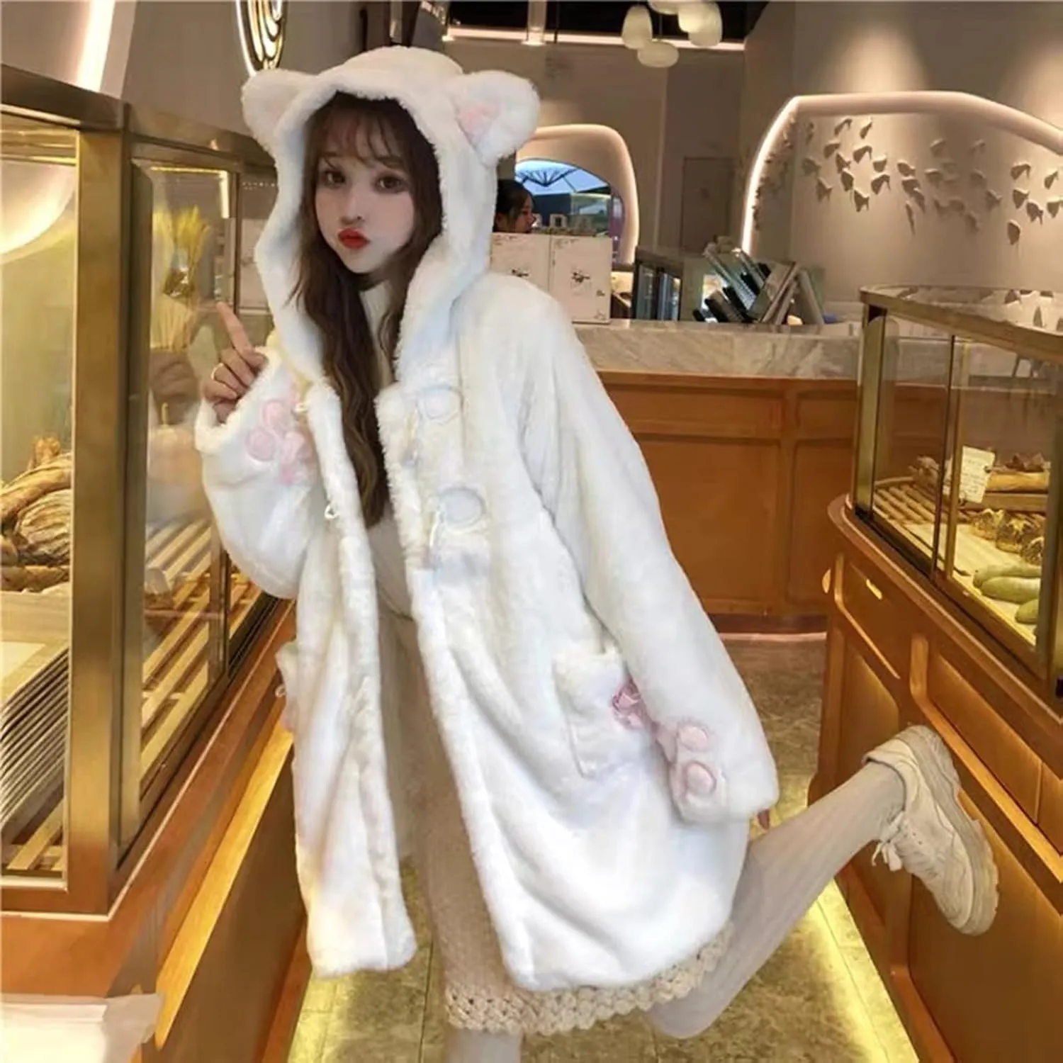 Women Cute Kawaii Cat Ear Claw Grils Fleece Warm Long Sleeve Hoodie Sweatshirt Coat Jacket