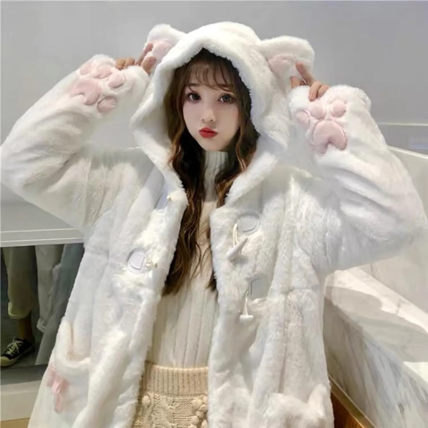 Women Cute Kawaii Cat Ear Claw Grils Fleece Warm Long Sleeve Hoodie Sweatshirt Coat Jacket