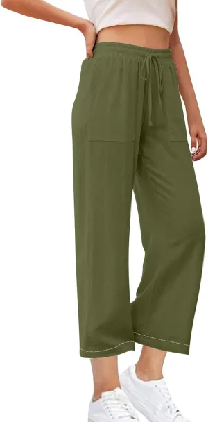 Women High Waisted Linen Pants Petite Summer Casual Pants Drawstring Straight Plus Size Lounge Trousers