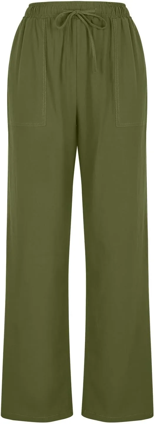 Women High Waisted Linen Pants Petite Summer Casual Pants Drawstring Straight Plus Size Lounge Trousers