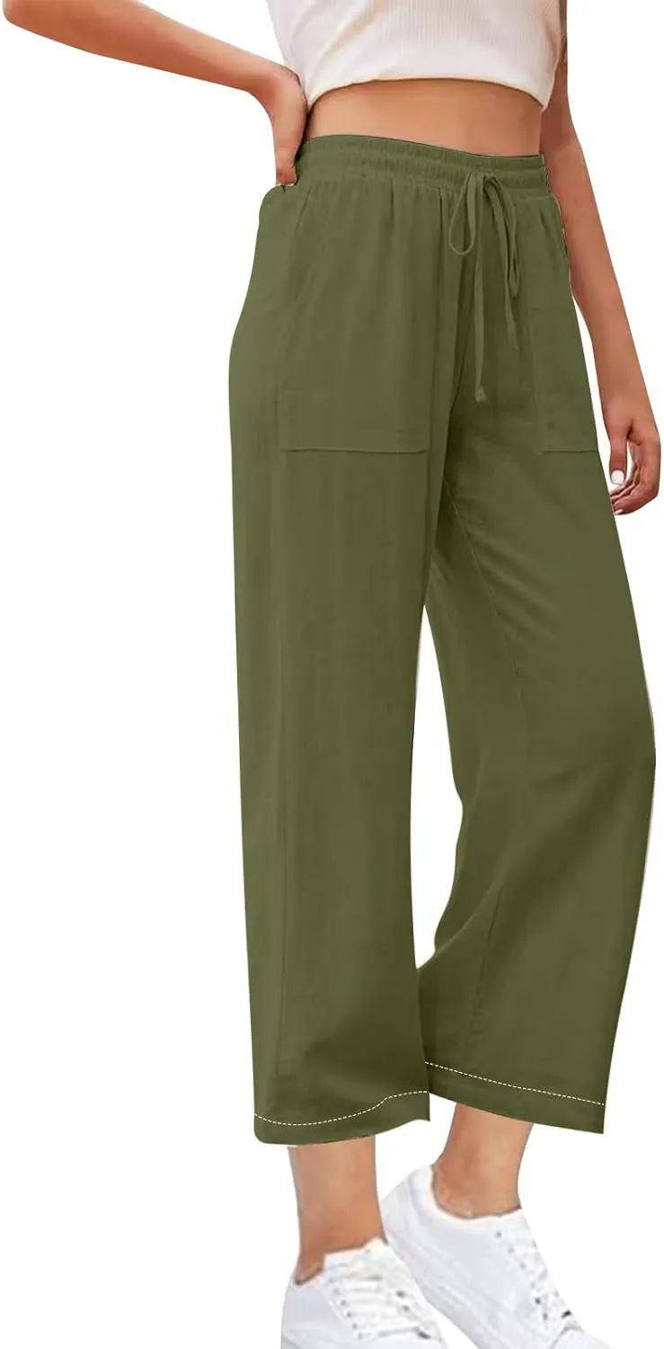 Women High Waisted Linen Pants Petite Summer Casual Pants Drawstring Straight Plus Size Lounge Trousers