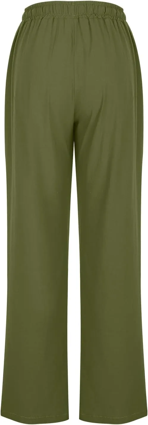 Women High Waisted Linen Pants Petite Summer Casual Pants Drawstring Straight Plus Size Lounge Trousers