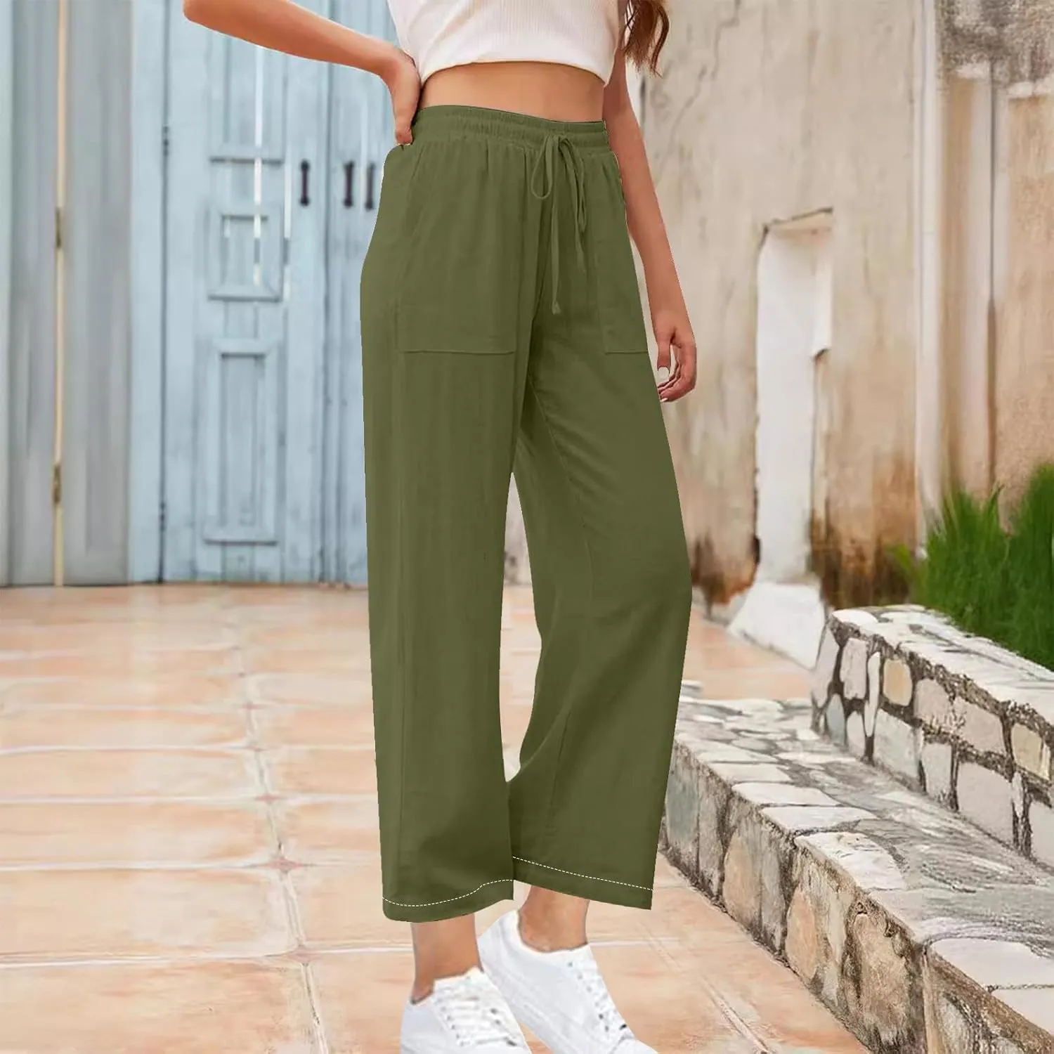 Women High Waisted Linen Pants Petite Summer Casual Pants Drawstring Straight Plus Size Lounge Trousers