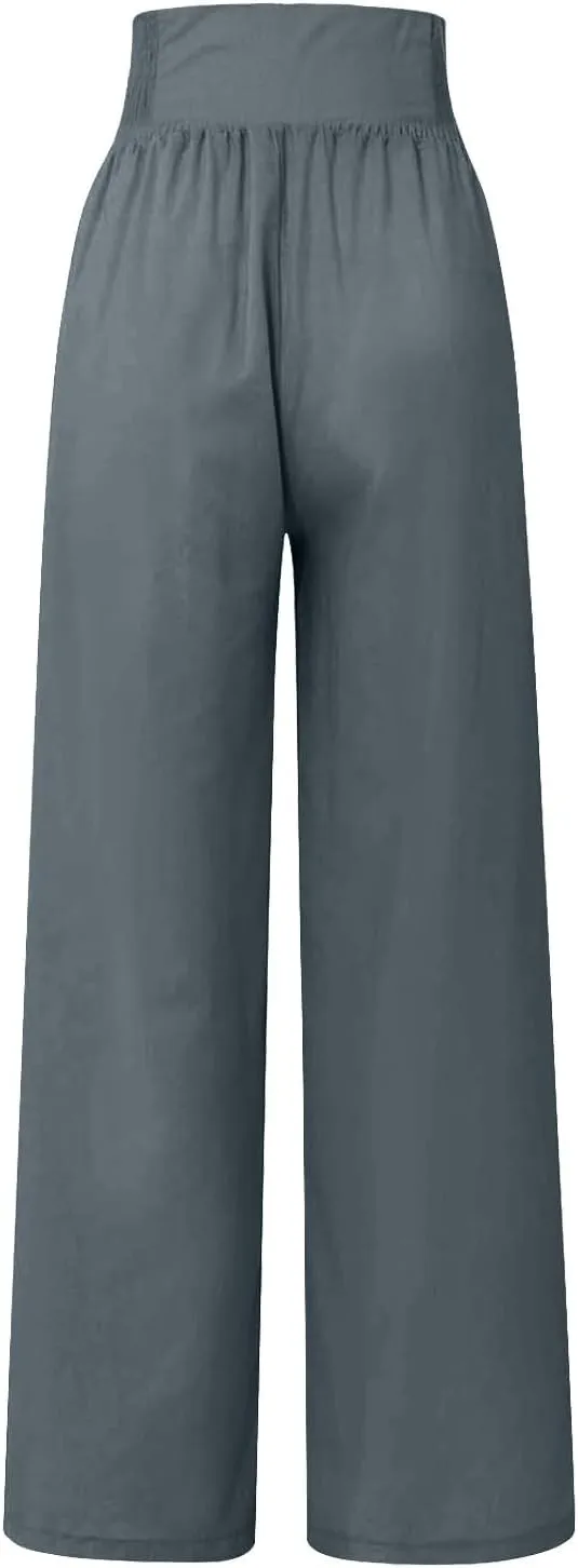 Women Linen Pants Comfy Flowy Wide Leg Pant Trousers Summer High Waisted Beach Palazzo Pants with Pockets