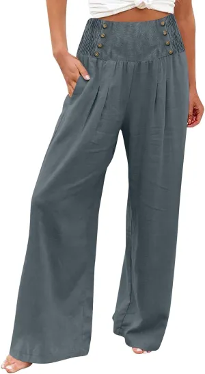 Women Linen Pants Comfy Flowy Wide Leg Pant Trousers Summer High Waisted Beach Palazzo Pants with Pockets