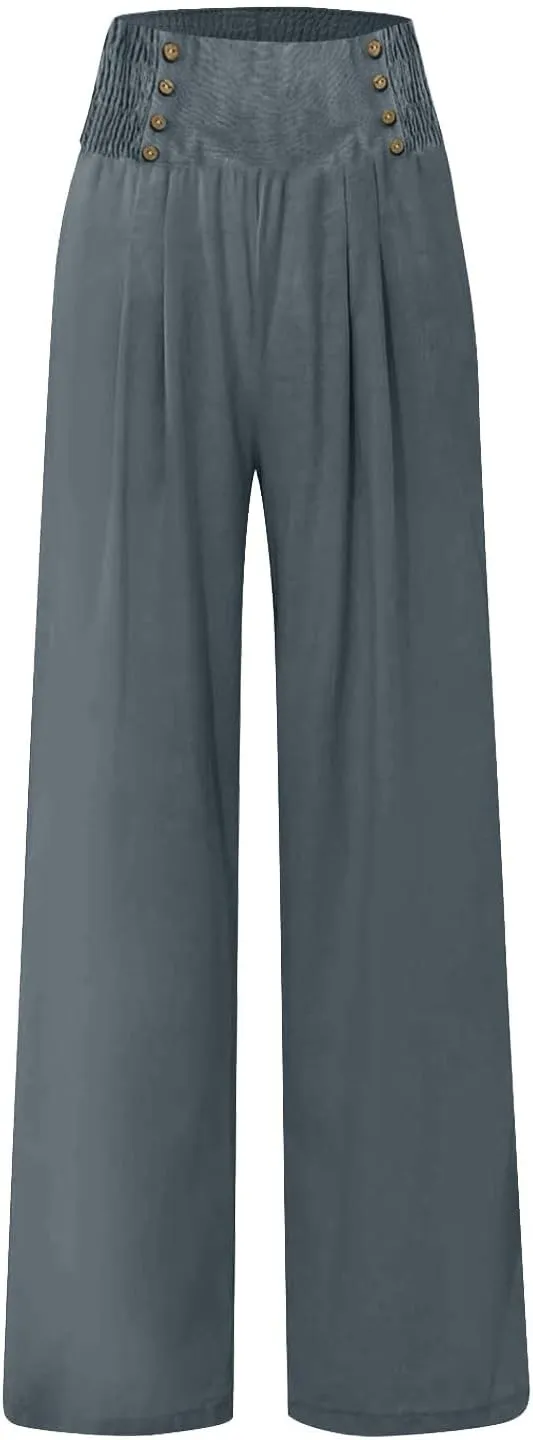 Women Linen Pants Comfy Flowy Wide Leg Pant Trousers Summer High Waisted Beach Palazzo Pants with Pockets