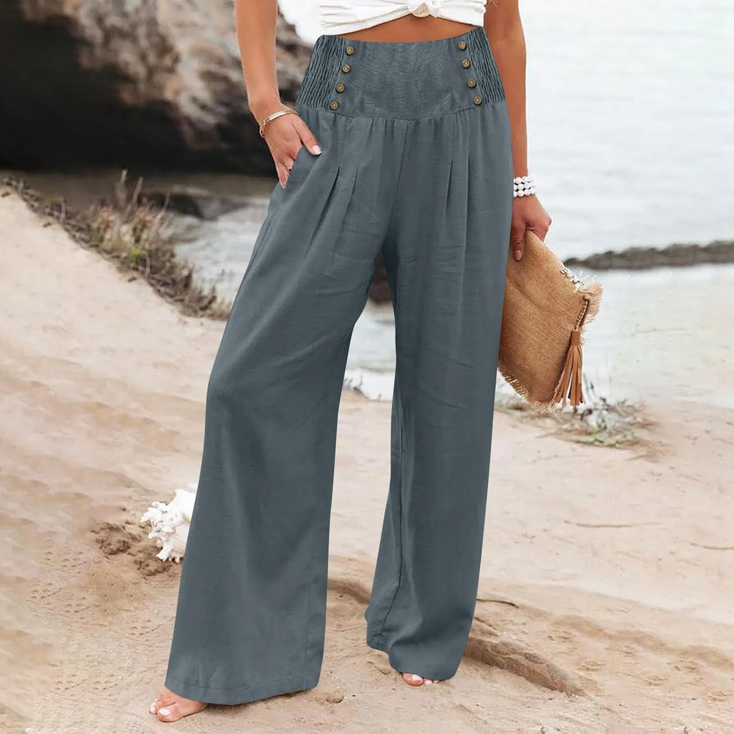 Women Linen Pants Comfy Flowy Wide Leg Pant Trousers Summer High Waisted Beach Palazzo Pants with Pockets