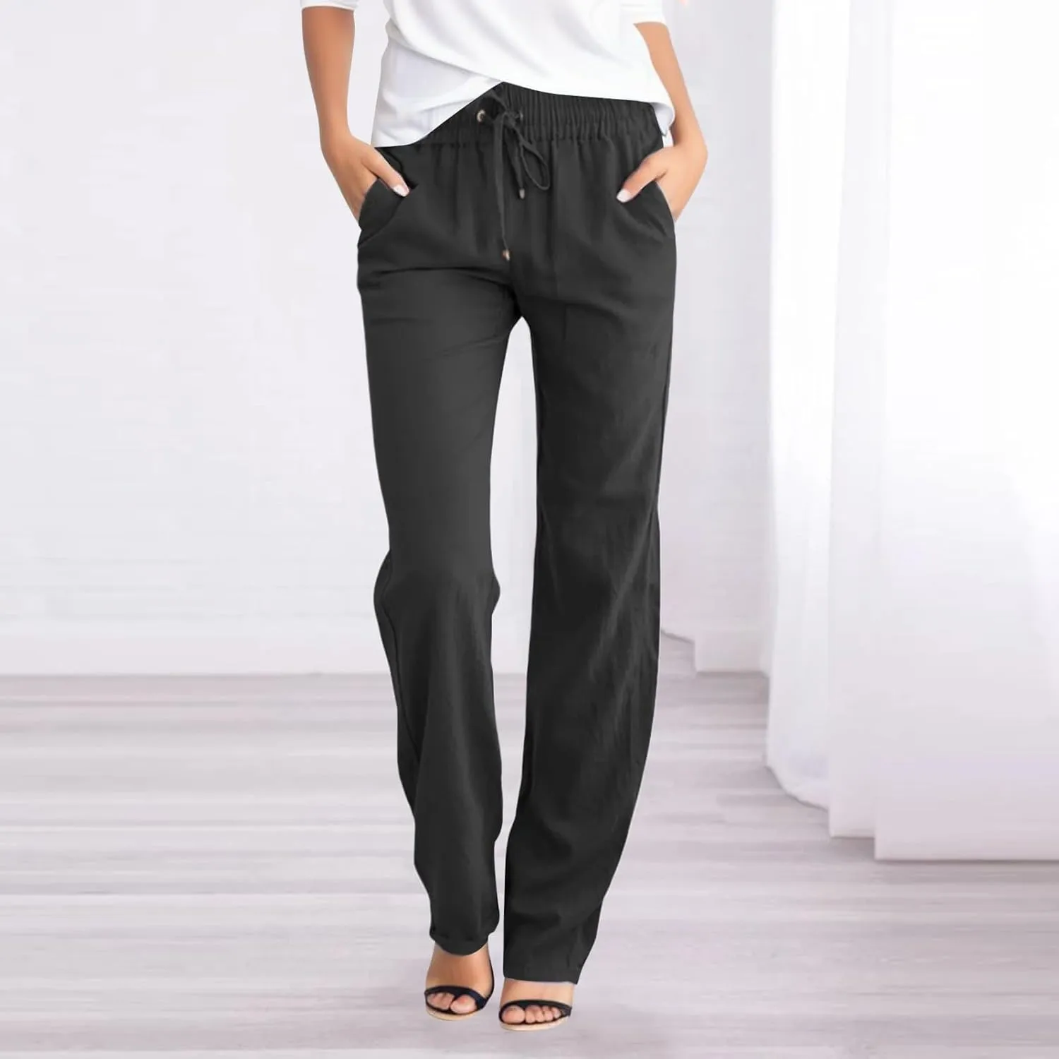 Women Linen Summer Tie Knot Palazzo Pants Low Waist Long Lounge Slim-Fit Palazzo Pants Travel