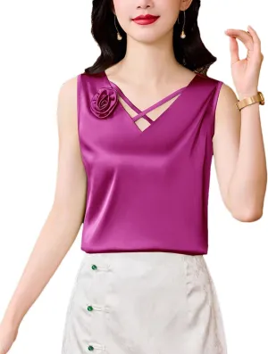 Women Satin Flower Camisole V-Neck Tank Tops Spring Summer Vest