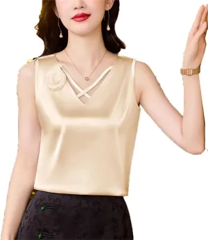 Women Satin Flower Camisole V-Neck Tank Tops Spring Summer Vest