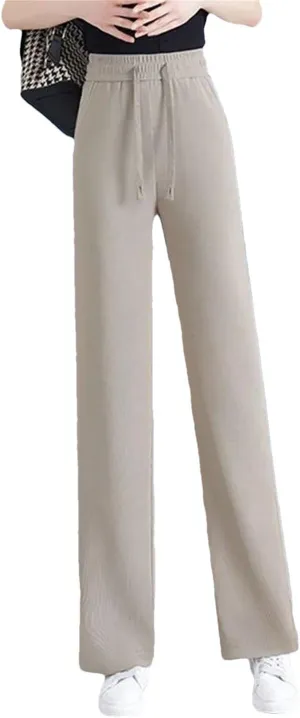Women Solid Loose Straight Pants Elastic High Waist Wide Leg Sweatpants Lace Up Pants
