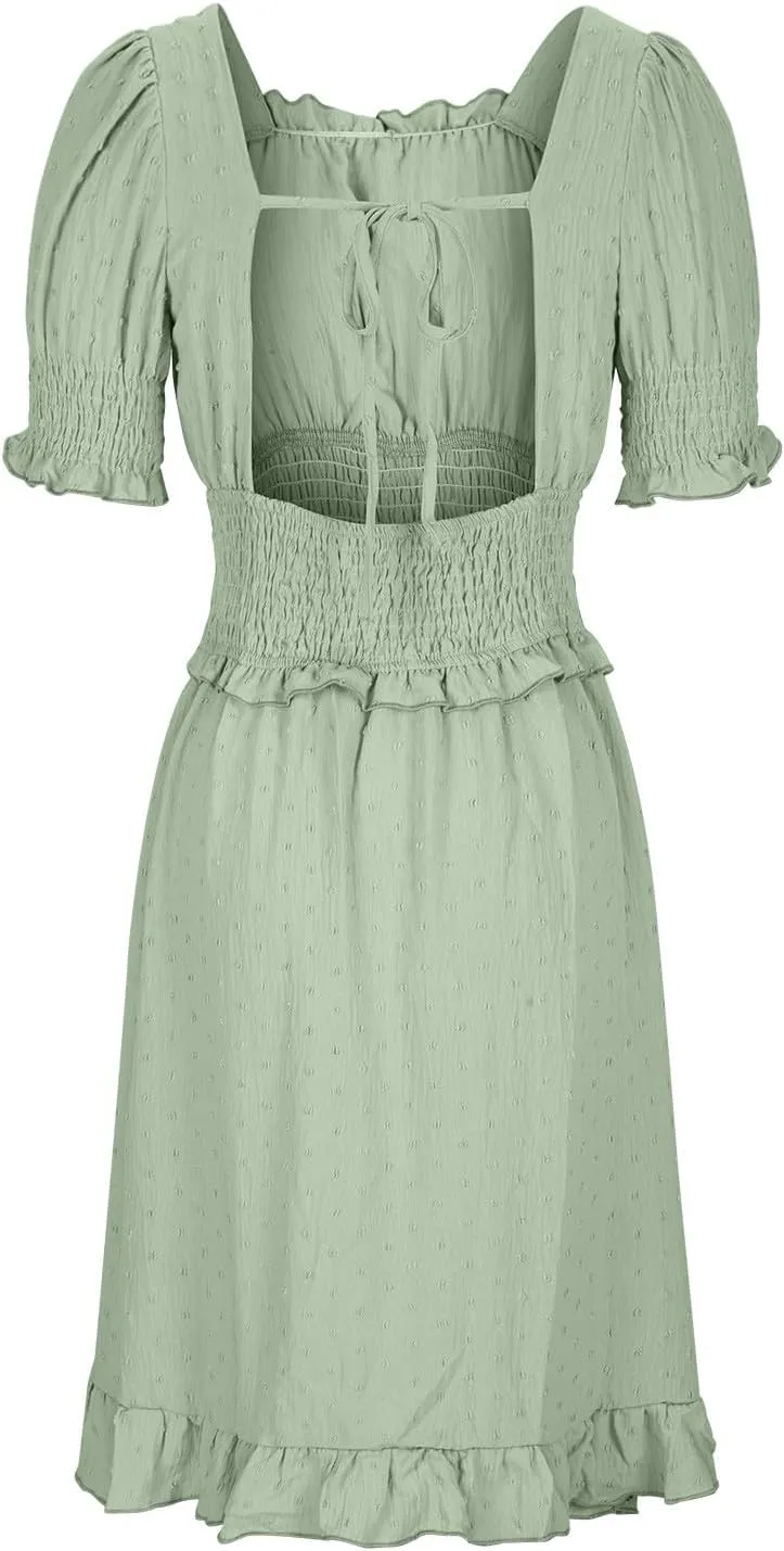Women Summer Swiss Dot Mini Dress Puff Short Sleeve Square Neck Tie Backless Smocked Waist Ruffle Hem A Line Dresses