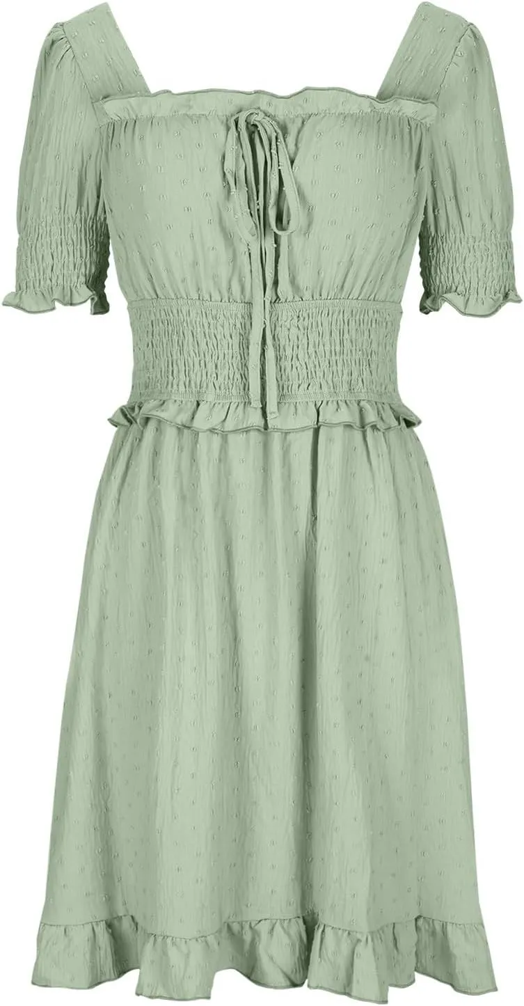 Women Summer Swiss Dot Mini Dress Puff Short Sleeve Square Neck Tie Backless Smocked Waist Ruffle Hem A Line Dresses