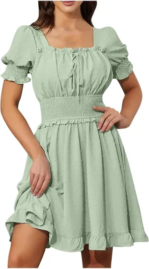 Women Summer Swiss Dot Mini Dress Puff Short Sleeve Square Neck Tie Backless Smocked Waist Ruffle Hem A Line Dresses