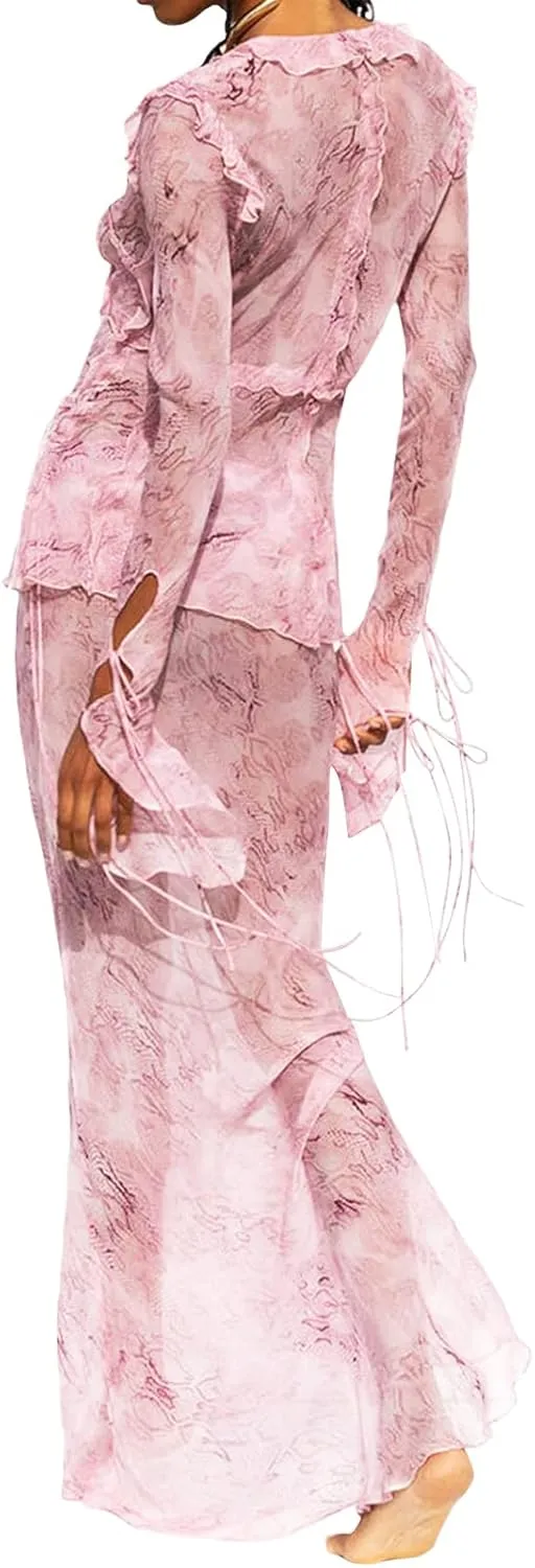 Women Y2K 2 Piece Long Skirt Set Lace Up Back Tank Tops Tie Up High Waist Long Skirt Split Maxi Skirts Outfits