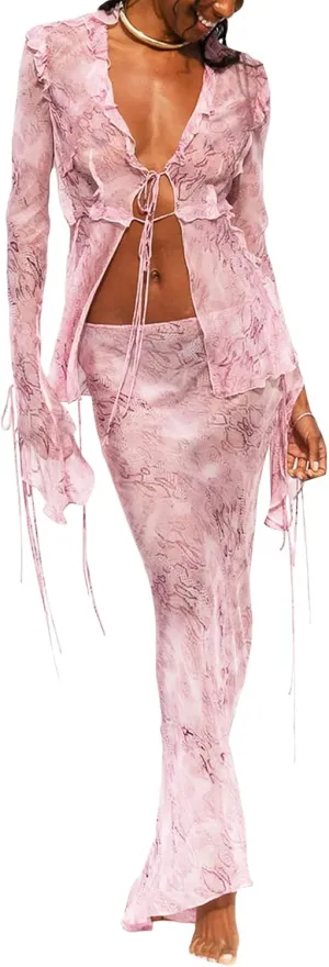 Women Y2K 2 Piece Long Skirt Set Lace Up Back Tank Tops Tie Up High Waist Long Skirt Split Maxi Skirts Outfits