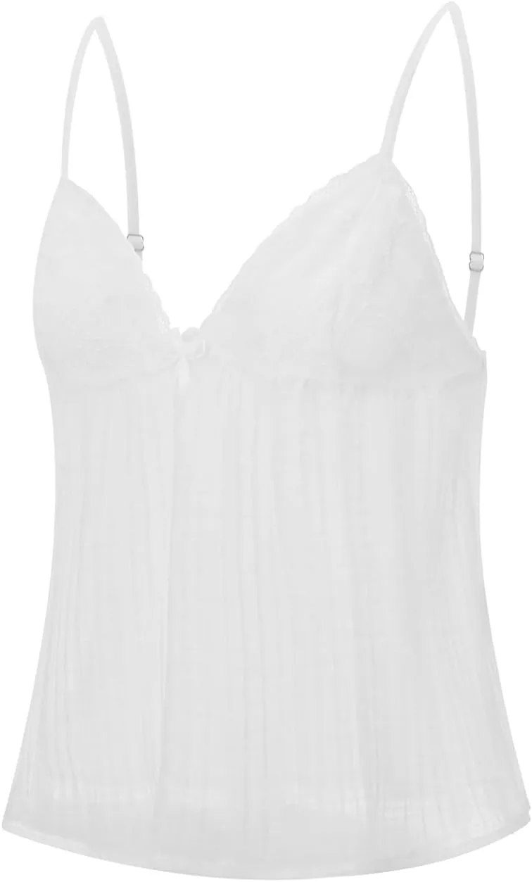 Women Y2K Cami Shirt Sexy Sleeveless V Neck Lace Ruffle Peplum Tank Top Cropped Spaghetti Strap Babydoll Camisole
