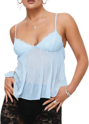 Women Y2K Cami Shirt Sexy Sleeveless V Neck Lace Ruffle Peplum Tank Top Cropped Spaghetti Strap Babydoll Camisole