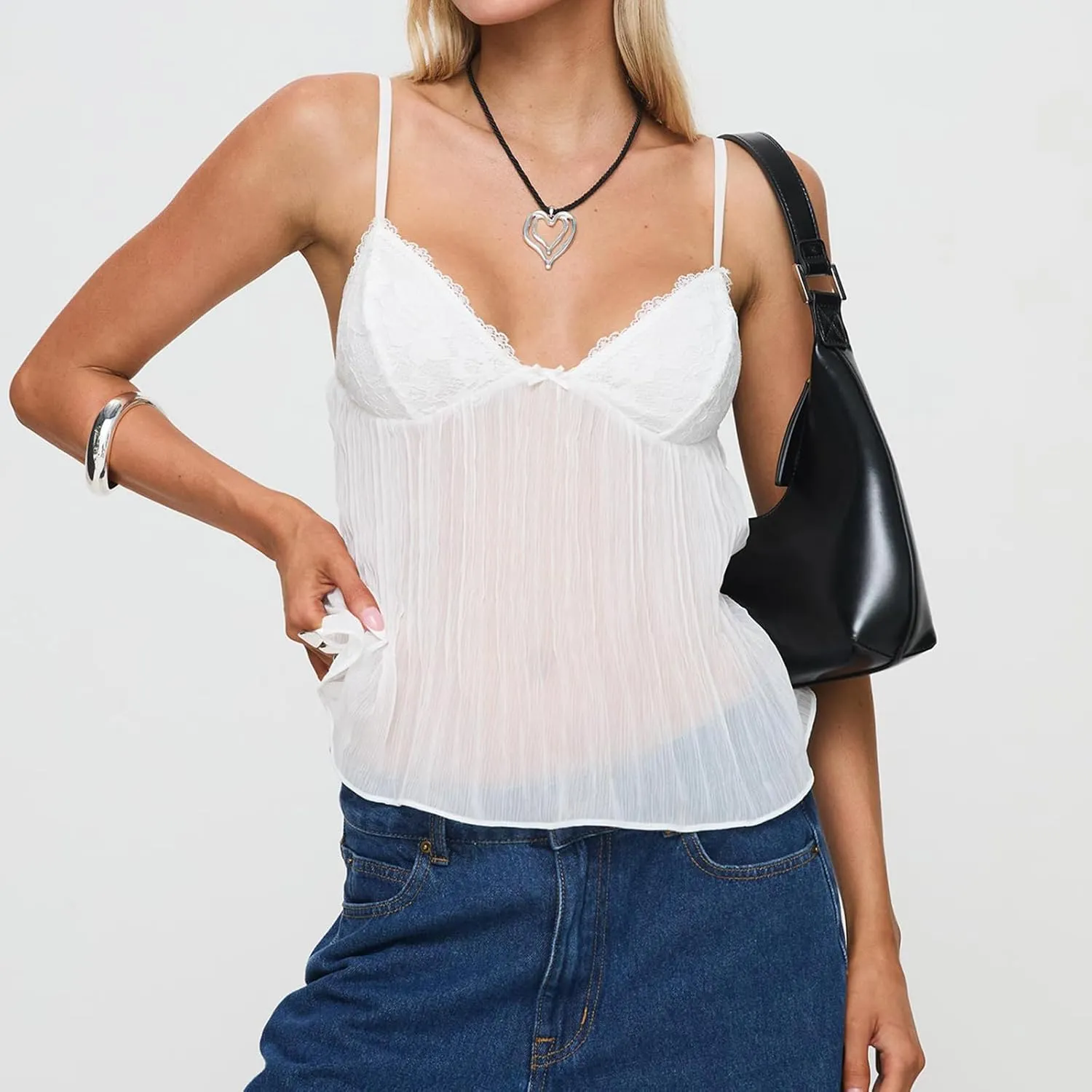 Women Y2K Cami Shirt Sexy Sleeveless V Neck Lace Ruffle Peplum Tank Top Cropped Spaghetti Strap Babydoll Camisole