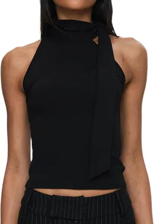 Women Y2K High Neck Tank Tops Sleeveless Slim Summer Shirts Going Out Mock Neck Bow Tie Cami Top with Scarf