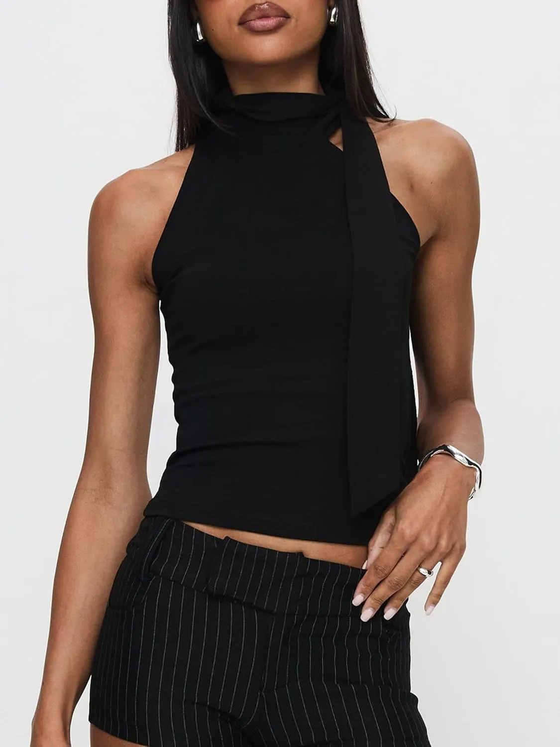 Women Y2K High Neck Tank Tops Sleeveless Slim Summer Shirts Going Out Mock Neck Bow Tie Cami Top with Scarf