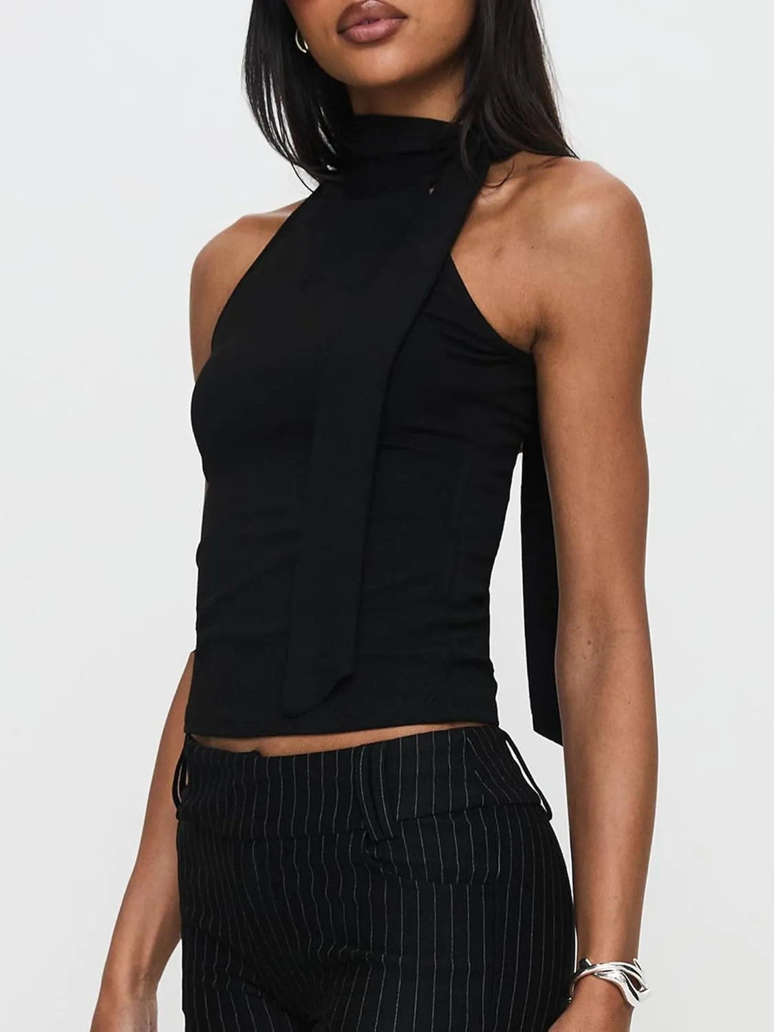 Women Y2K High Neck Tank Tops Sleeveless Slim Summer Shirts Going Out Mock Neck Bow Tie Cami Top with Scarf