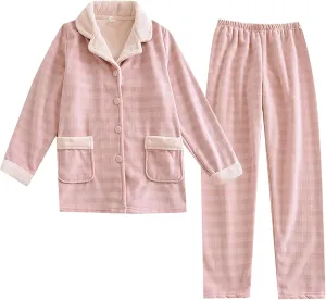 Women's 2 Piece Plaid Fleece Pajamas Set Lapel Button Down Long Sleeve Tops and Long Pants Casual Warm Loungewear Set