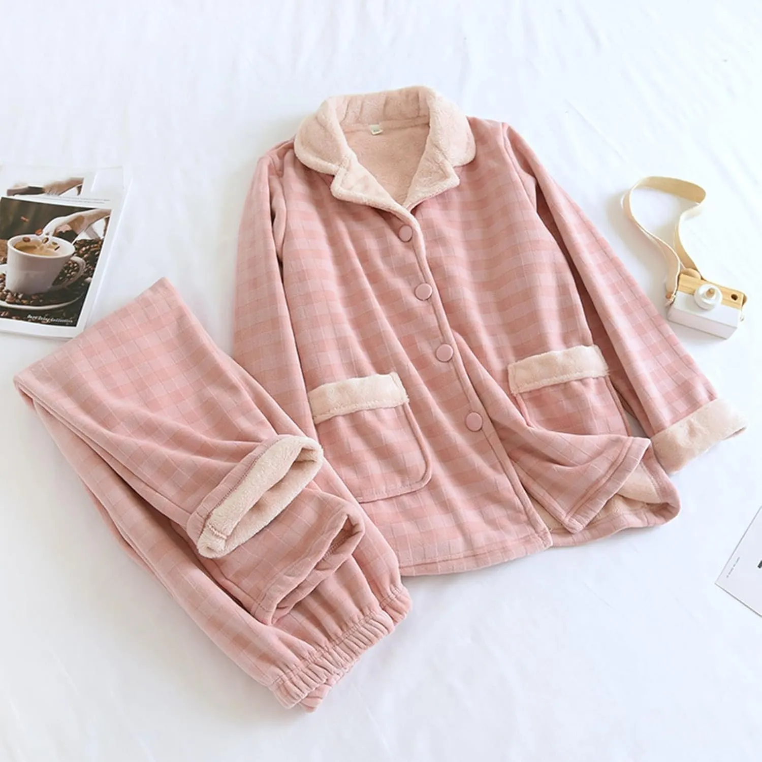 Women's 2 Piece Plaid Fleece Pajamas Set Lapel Button Down Long Sleeve Tops and Long Pants Casual Warm Loungewear Set