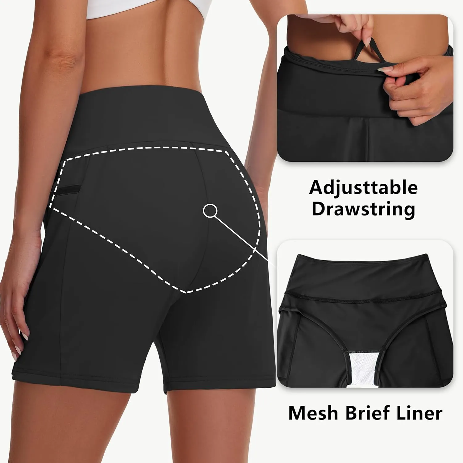 Women's 5" Swim Shorts - Tummy Control High Waisted Loose Fitting with Zipper Pocket Liner Quick Dry Bottom UPF50 