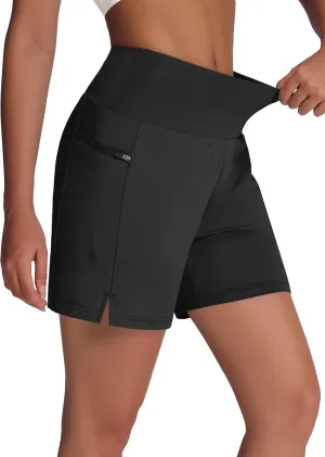 Women's 5" Swim Shorts - Tummy Control High Waisted Loose Fitting with Zipper Pocket Liner Quick Dry Bottom UPF50 