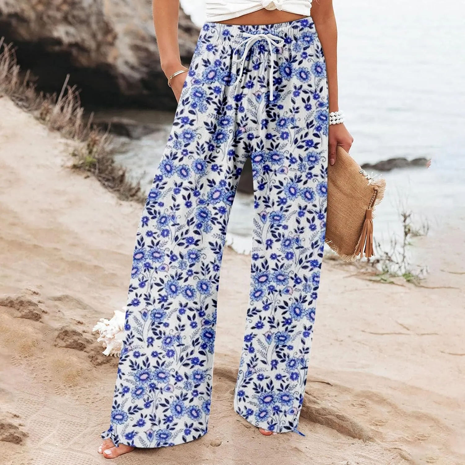 Women's Boho Wide Leg Palazzo Pants Womens Cotton Casual Loose Pants Comfy Work Pants with Long Casual Wide Leg