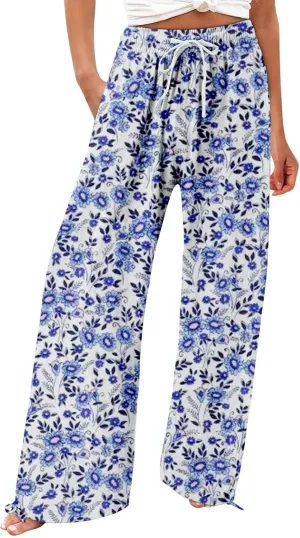 Women's Boho Wide Leg Palazzo Pants Womens Cotton Casual Loose Pants Comfy Work Pants with Long Casual Wide Leg