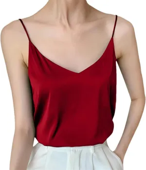 Women's Camisole V Neck Satin Tank Top Sleeveless Sexy Spaghetti Strap Silk Vest