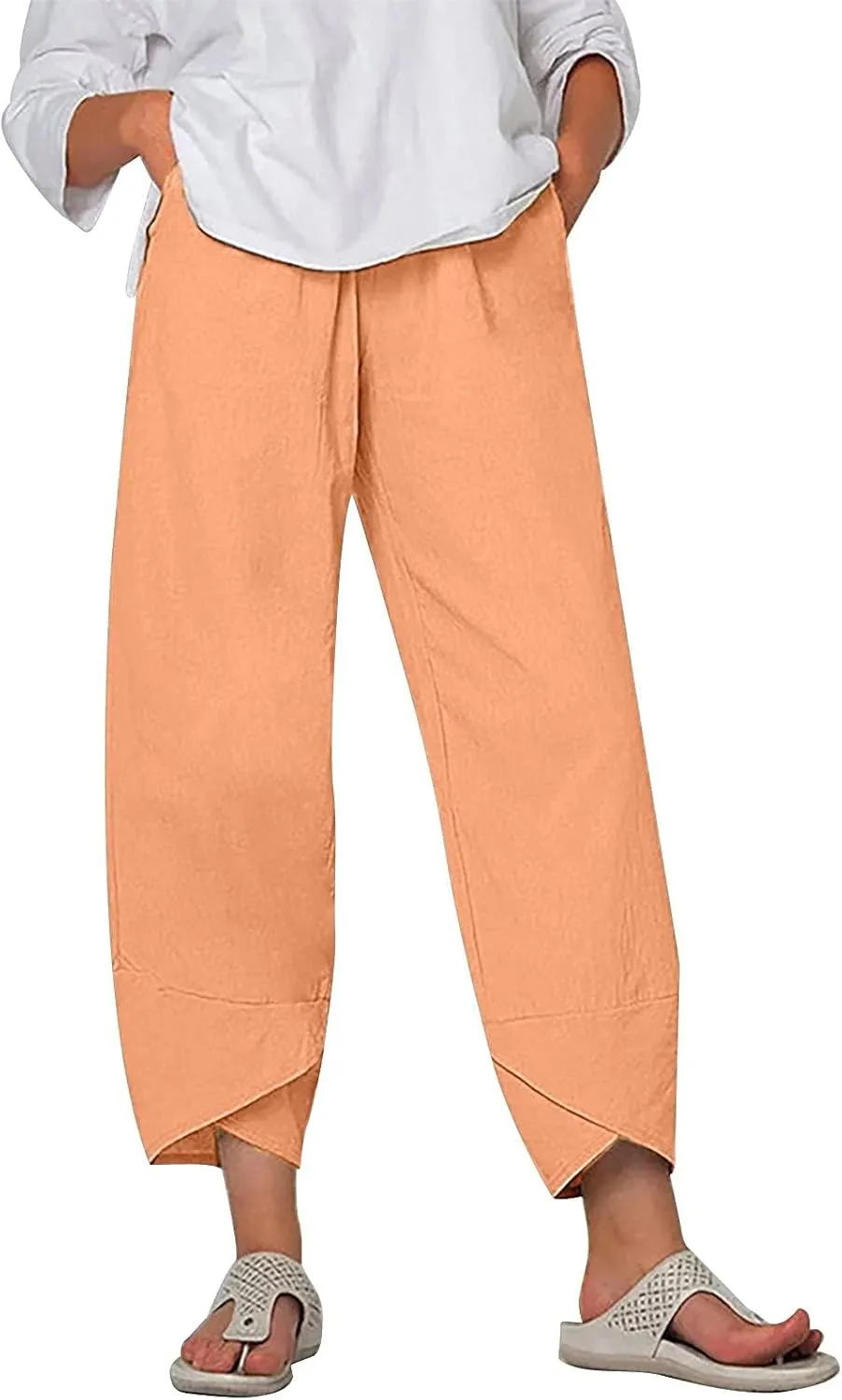 Womens Capris Pants Cotton Linen Boho Printed Cropped Baggy Trousers Summer Pallazzo Lounge Pants with Pockets