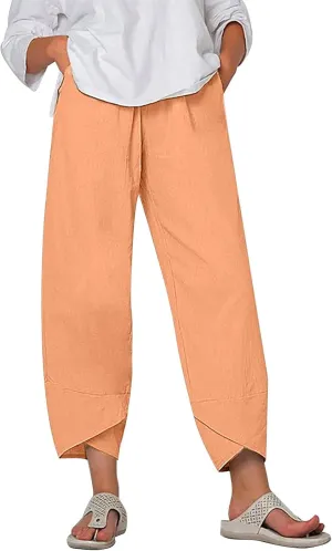 Womens Capris Pants Cotton Linen Boho Printed Cropped Baggy Trousers Summer Pallazzo Lounge Pants with Pockets