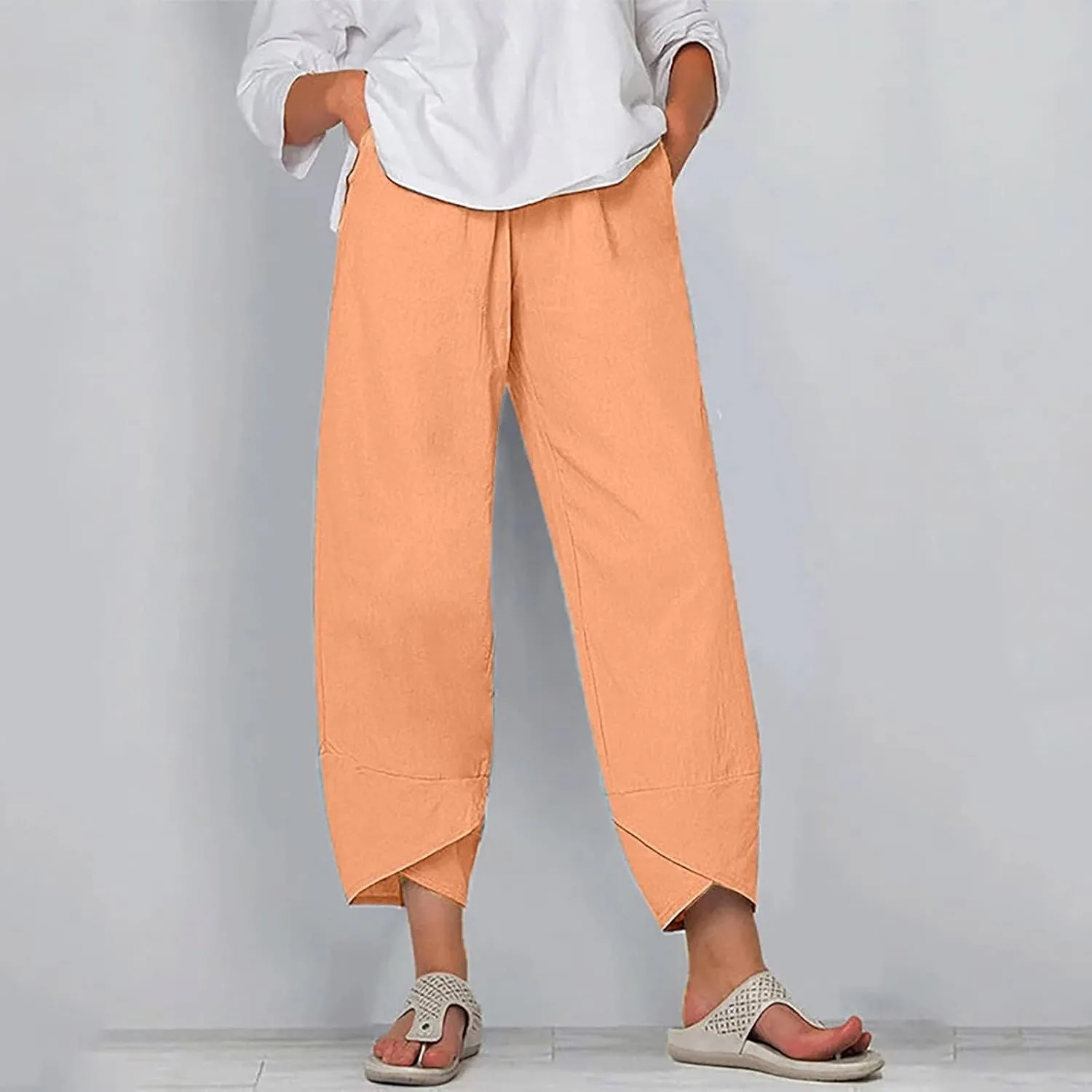 Womens Capris Pants Cotton Linen Boho Printed Cropped Baggy Trousers Summer Pallazzo Lounge Pants with Pockets