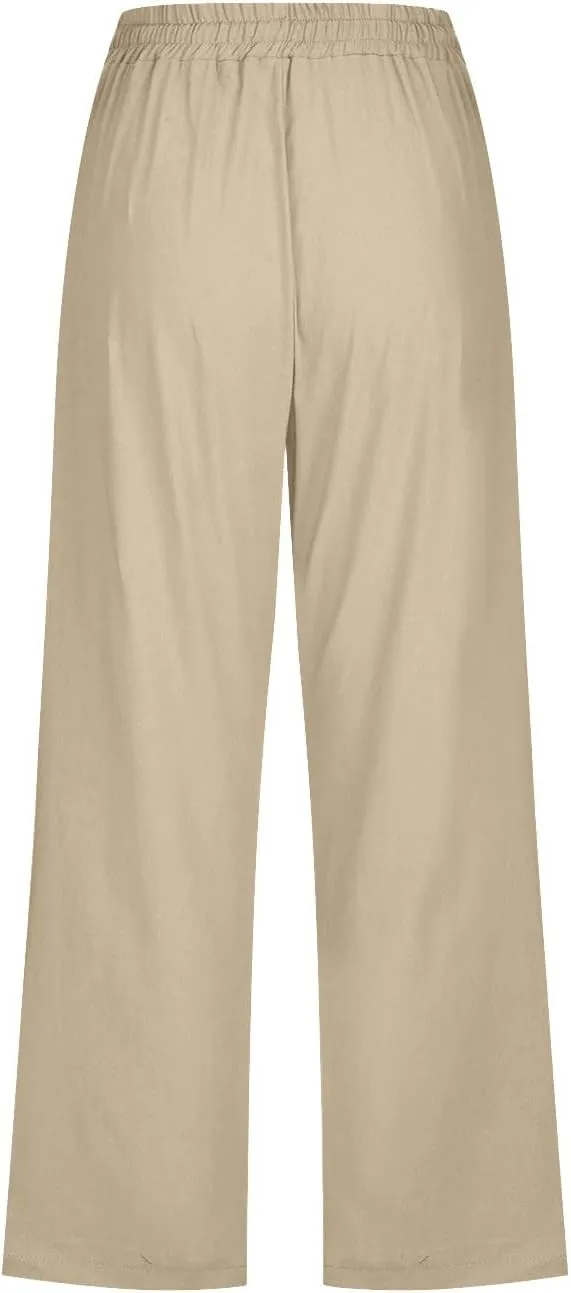 Women'S Casual Cotton Linen Pant Trendy Lounge Elastic Regular Fashion Waist Summer Elastic Trousers with Pocket
