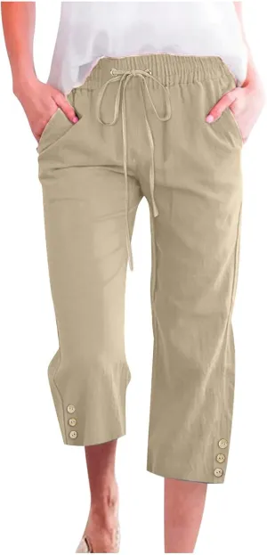 Women'S Casual Cotton Linen Pant Trendy Lounge Elastic Regular Fashion Waist Summer Elastic Trousers with Pocket